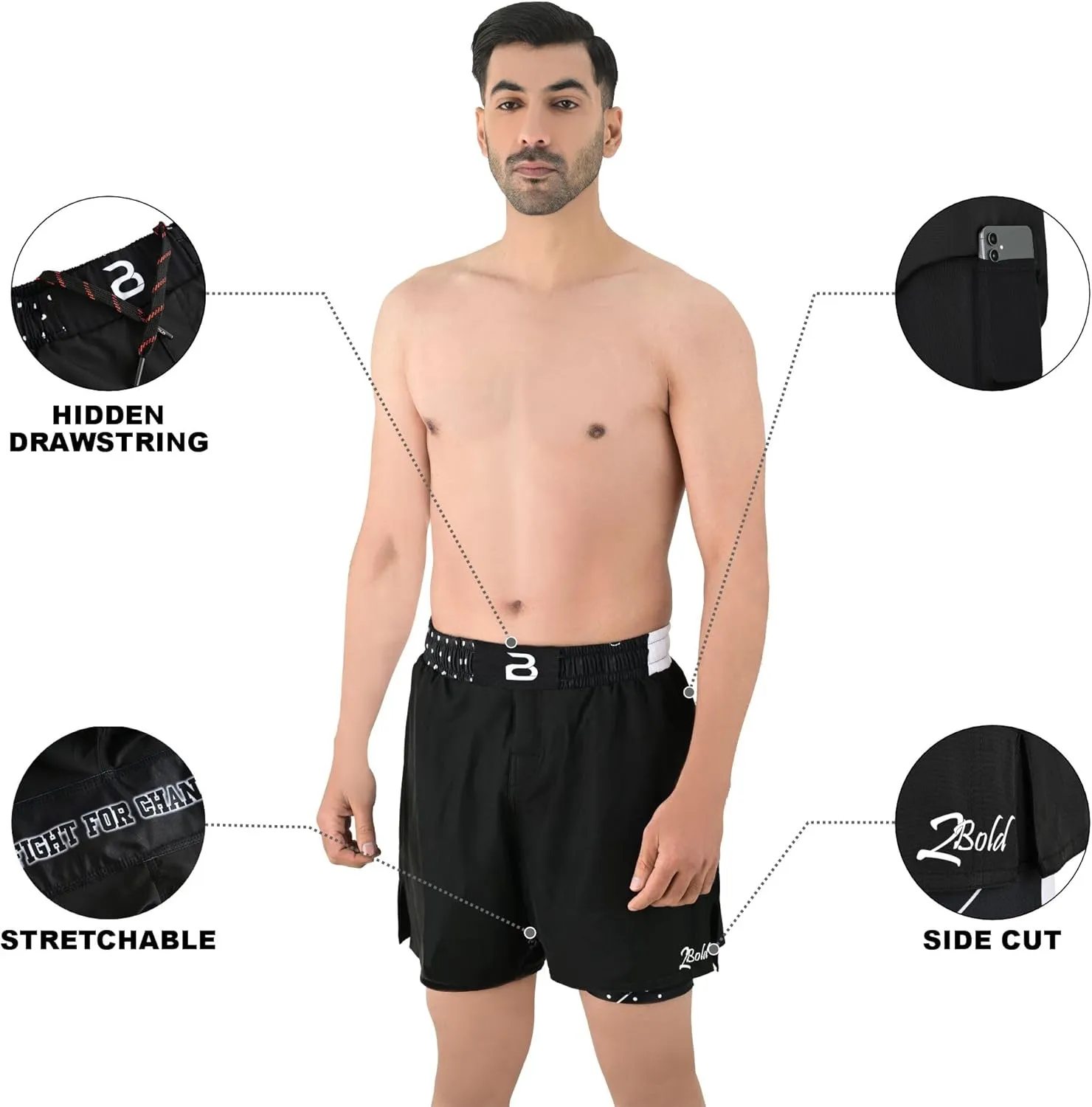 2BOLD MMA Shorts Mens 2 in 1 Jiu-Jitsu Built in Compression Lining Athletic Gym Boxing Muay Thai BJJ No-Gi Grappling Shorts