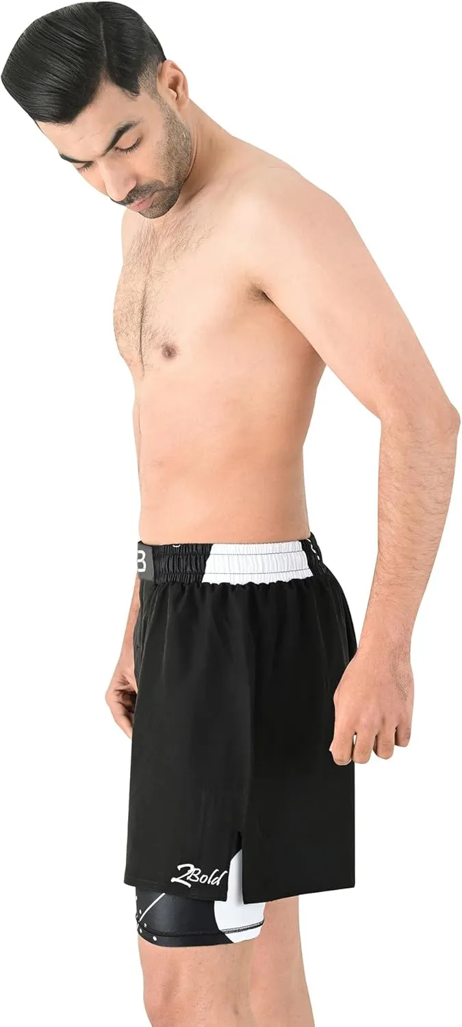 2BOLD MMA Shorts Mens 2 in 1 Jiu-Jitsu Built in Compression Lining Athletic Gym Boxing Muay Thai BJJ No-Gi Grappling Shorts