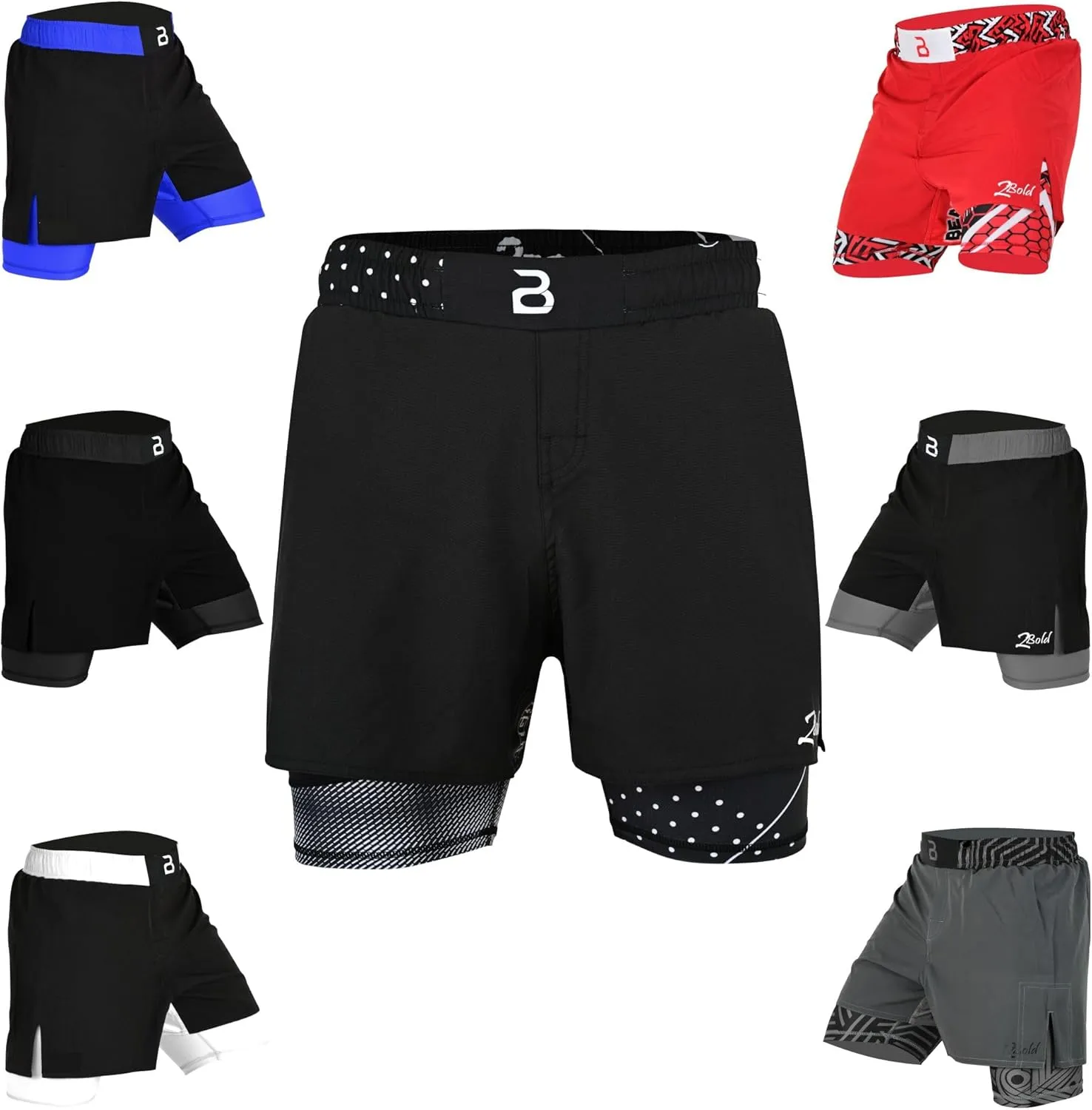 2BOLD MMA Shorts Mens 2 in 1 Jiu-Jitsu Built in Compression Lining Athletic Gym Boxing Muay Thai BJJ No-Gi Grappling Shorts