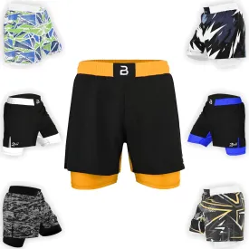 2BOLD MMA Shorts Mens 2 in 1 Jiu-Jitsu Built in Compression Lining Athletic Gym Boxing Muay Thai BJJ No-Gi Grappling Shorts