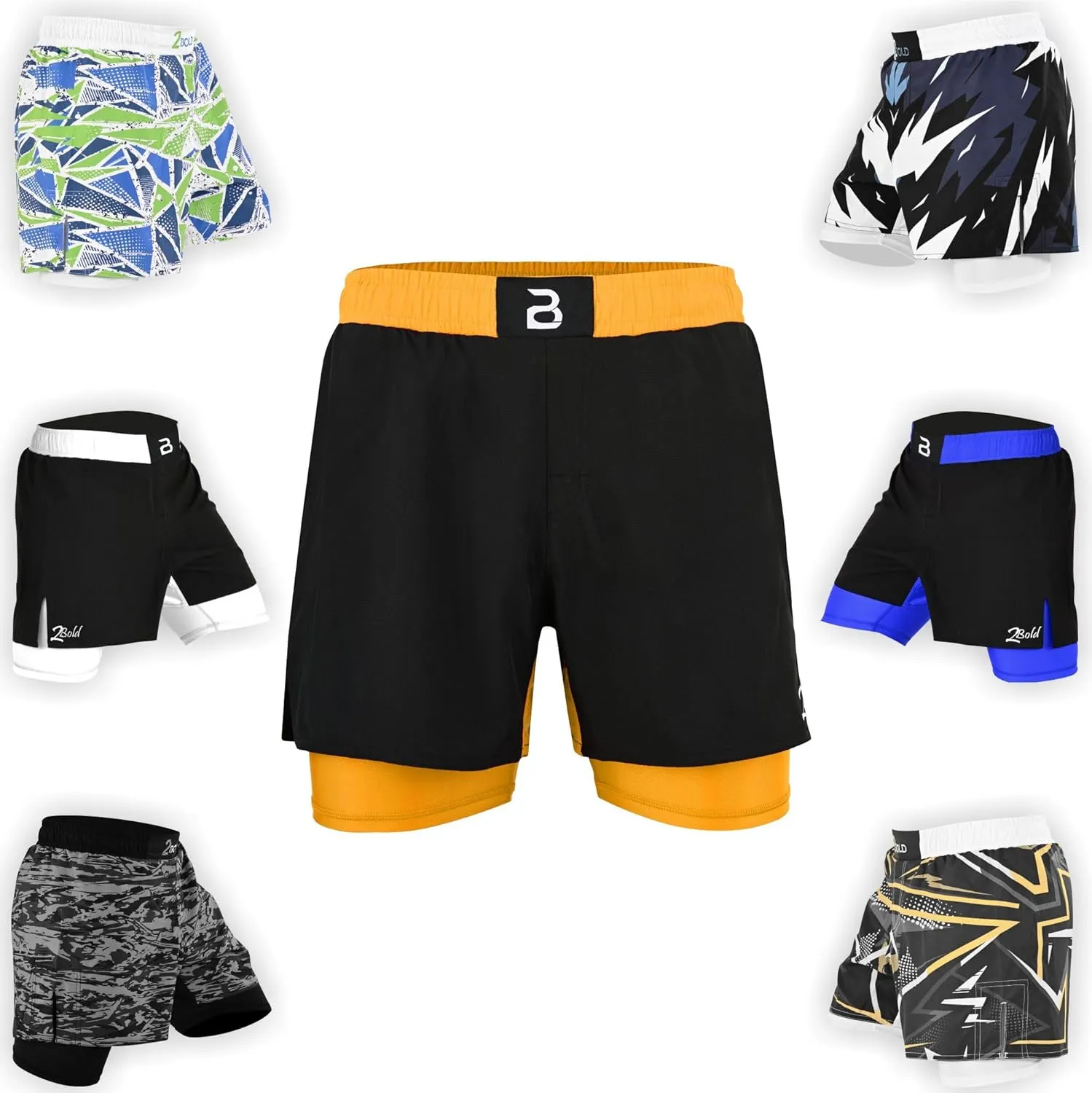 2BOLD MMA Shorts Mens 2 in 1 Jiu-Jitsu Built in Compression Lining Athletic Gym Boxing Muay Thai BJJ No-Gi Grappling Shorts