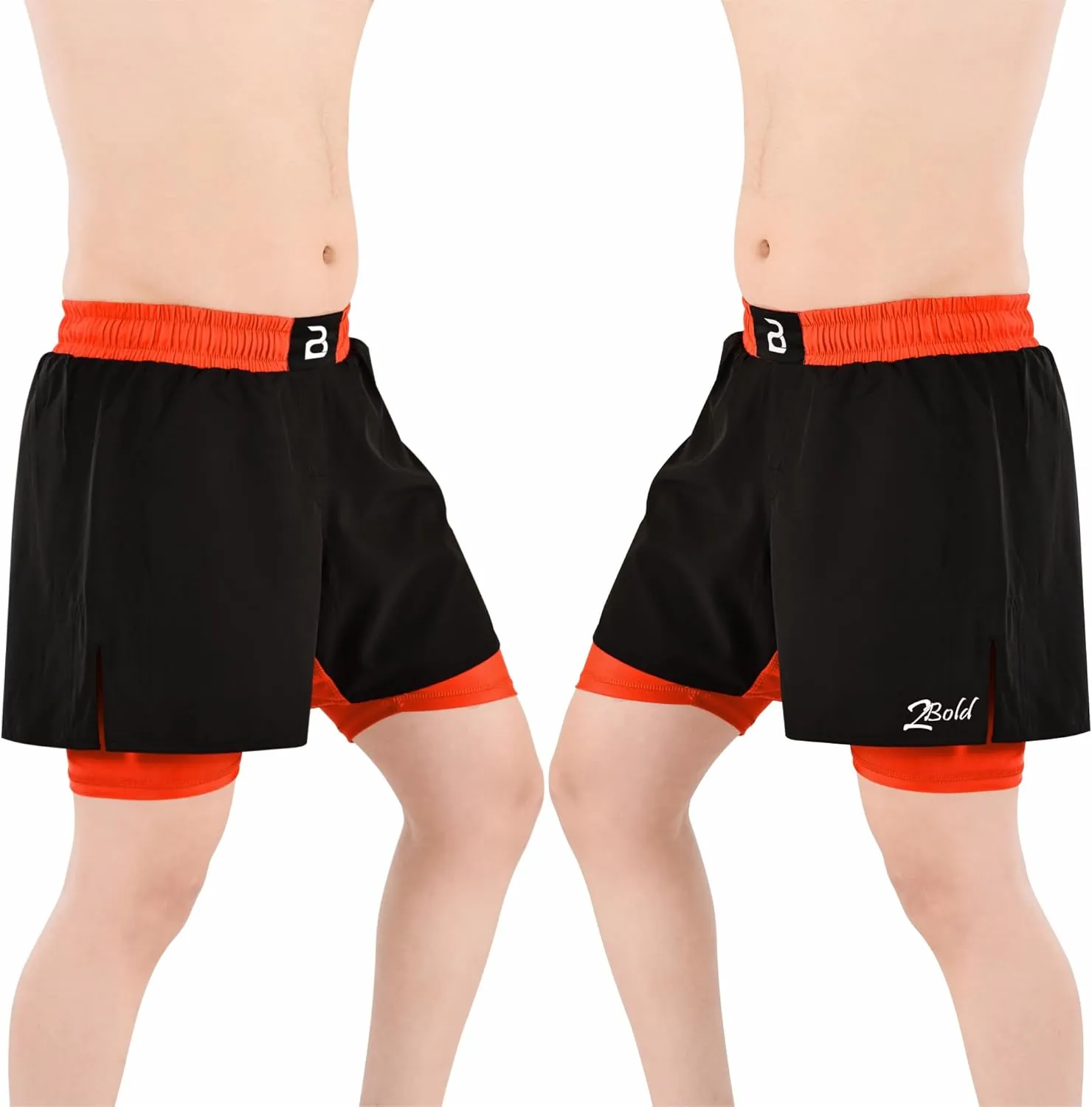 2BOLD MMA Shorts Mens 2 in 1 Jiu-Jitsu Built in Compression Lining Athletic Gym Boxing Muay Thai BJJ No-Gi Grappling Shorts