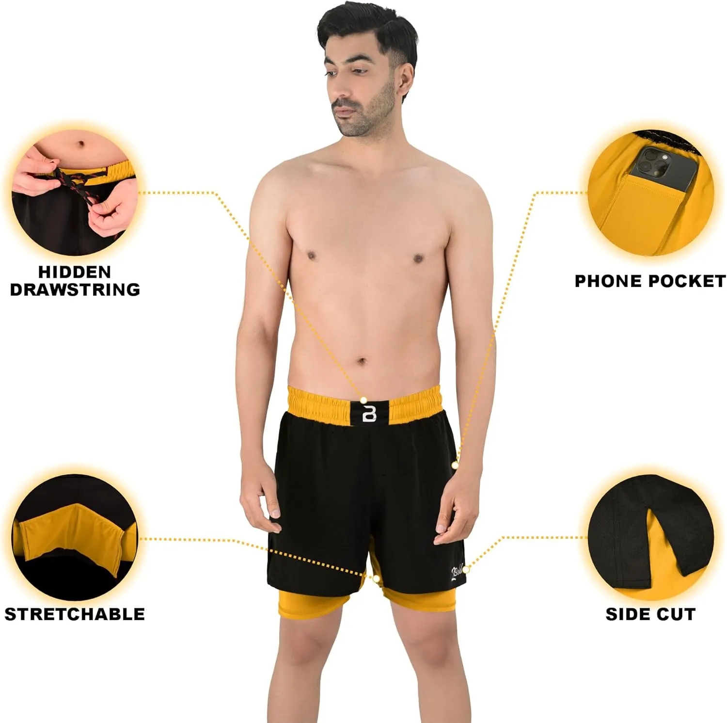 2BOLD MMA Shorts Mens 2 in 1 Jiu-Jitsu Built in Compression Lining Athletic Gym Boxing Muay Thai BJJ No-Gi Grappling Shorts