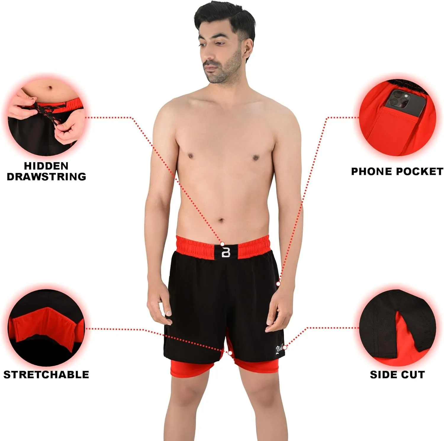 2BOLD MMA Shorts Mens 2 in 1 Jiu-Jitsu Built in Compression Lining Athletic Gym Boxing Muay Thai BJJ No-Gi Grappling Shorts