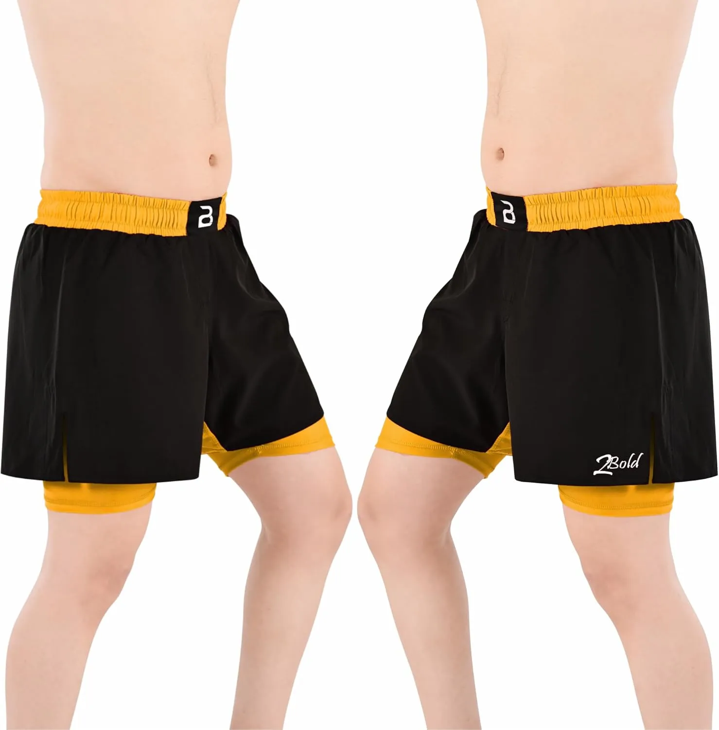 2BOLD MMA Shorts Mens 2 in 1 Jiu-Jitsu Built in Compression Lining Athletic Gym Boxing Muay Thai BJJ No-Gi Grappling Shorts