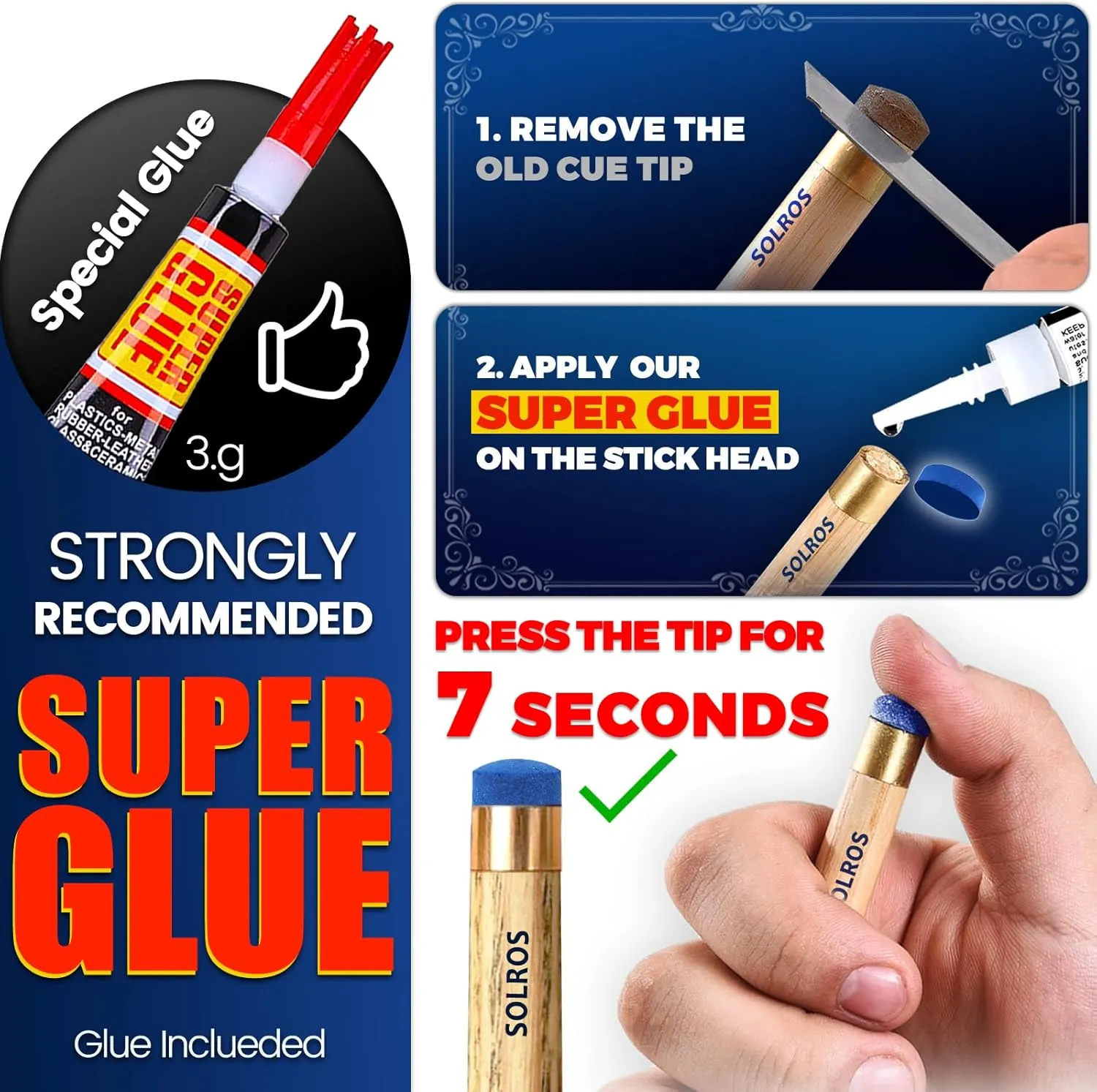 Billiard Pool Cue Tips - Pool Cue Stick Tips Replacement Repair Kit Billiard Cue Tips with Storage Box for Pool Table Cues Stick Tips Head and Leather Snooker Stick - SOLROS