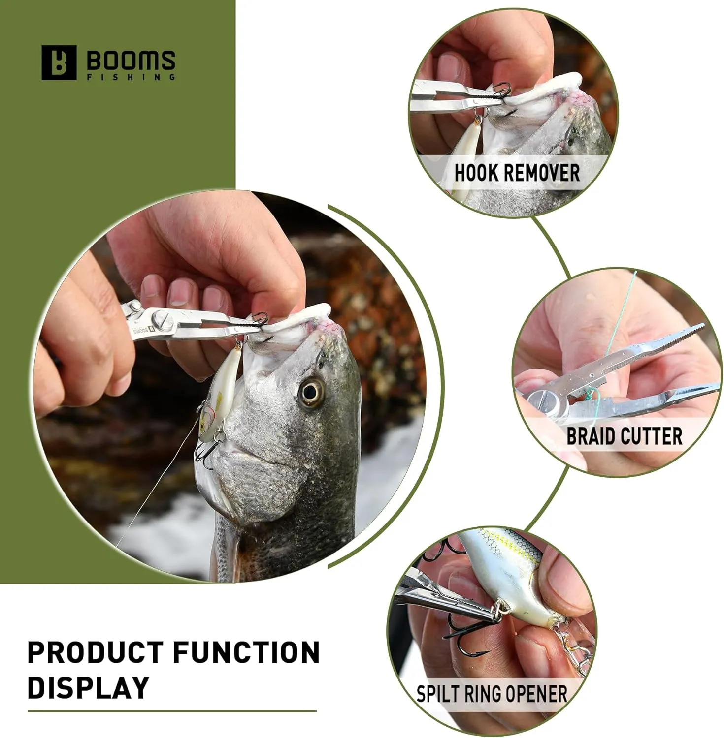 Booms Fishing H01 Small Fishing Pliers Scissors Braid Cutters Lightweight Stainless Steel Fishing Tools Split Ring Pliers Hook Remover