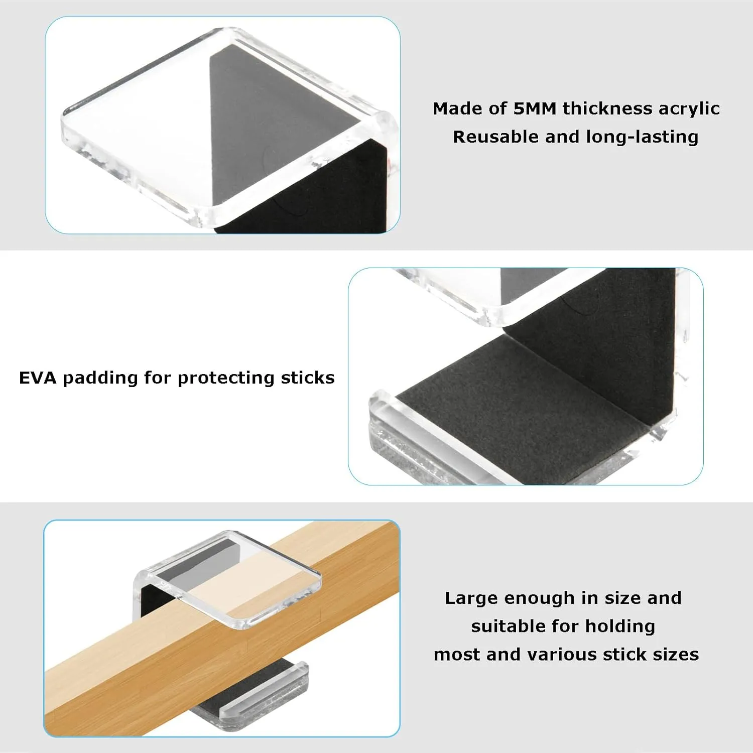 Cosmos 1 Pair Hockey Stick Wall Mount Rack - Horizontal Display Holder & Storage Organizer Hanger for Ice Hockey Stick, Space-Saving Display Bracket with Anti-Scratch Pad (Transparent Clear)