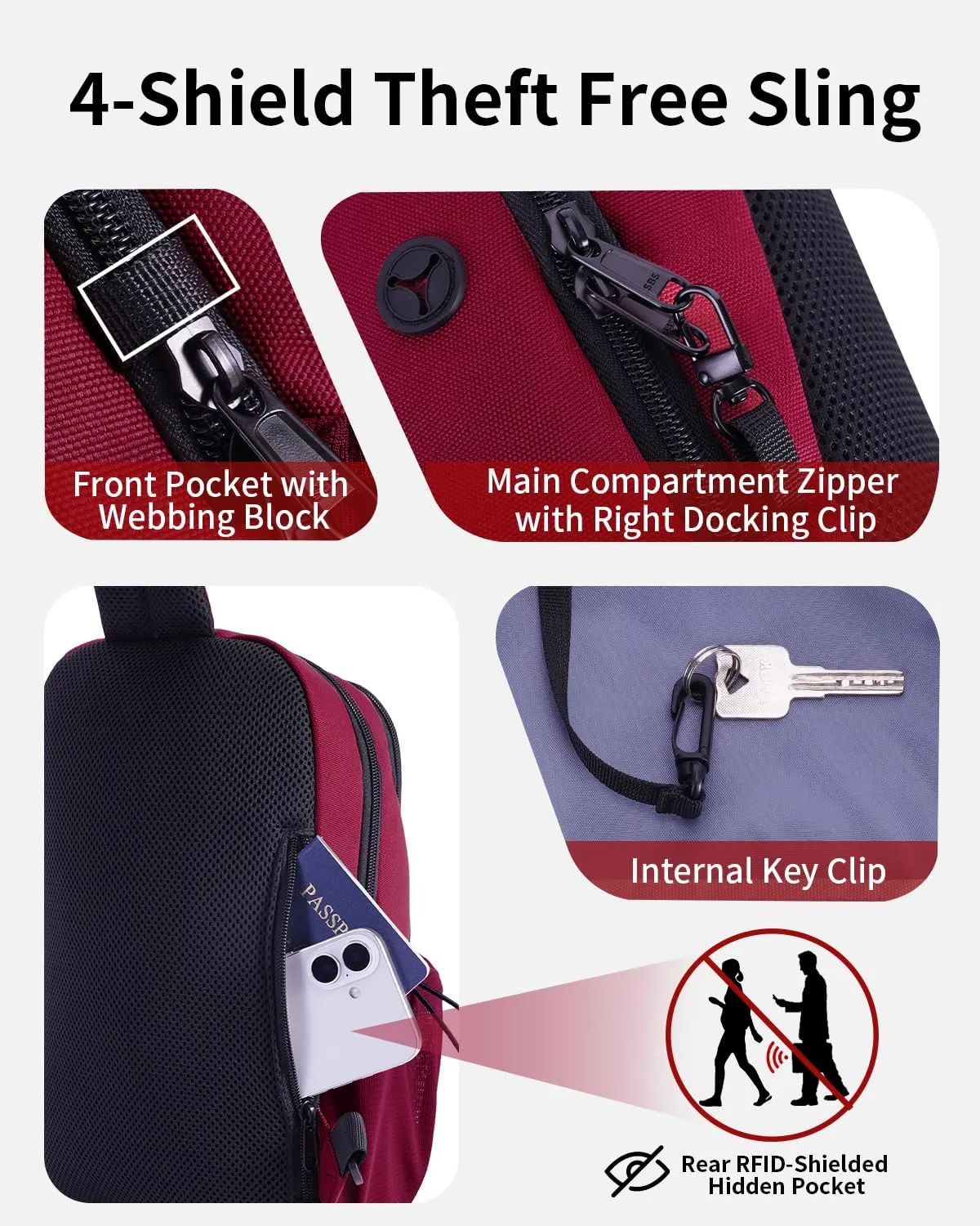 ECOHUB Crossbody Bags for Women Men, Anti-Theft RFID Blocking Roomy Sling Backpack with Sturdy SBS Zippers Water Resistant Chest Shoulder Bag Daypack with 9 Pockets Casual Outdoor Hiking, Red