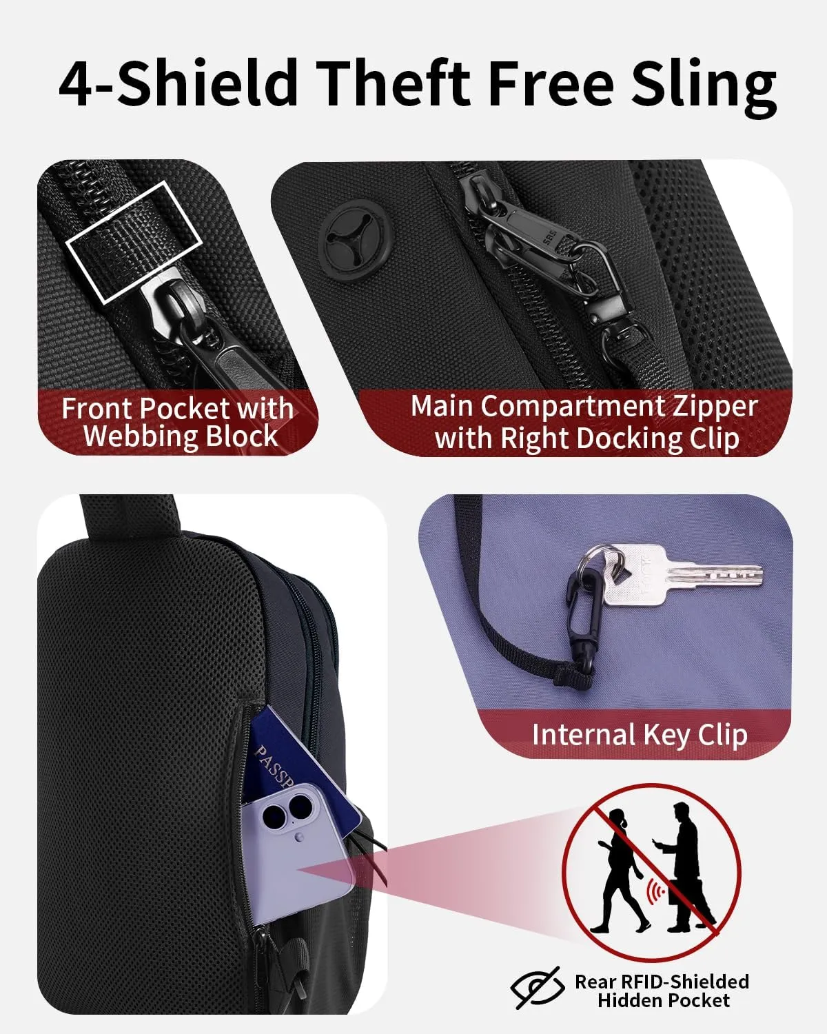 ECOHUB Crossbody Bags for Women Men, Anti-Theft RFID Blocking Roomy Sling Backpack with Sturdy SBS Zippers Water Resistant Chest Shoulder Bag Daypack with 9 Pockets Travel Work Hiking, Black