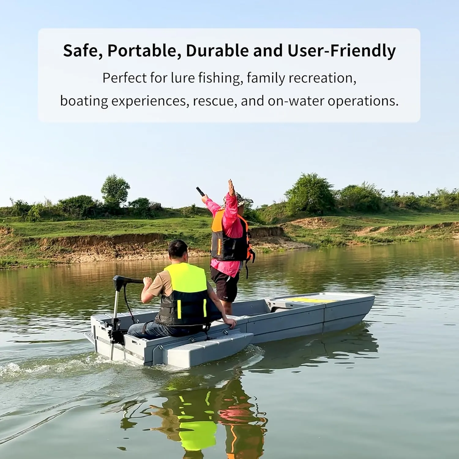 Fishing Boat, Folding Pontoon Boat, Fits in Car Trunk  Portable Modular Kayak, Seats 2-6, Motor-Ready, Sturdier Than Inflatable Boats  Ideal for Lure Fishing, Paddling Trip, Hunting, Rescue