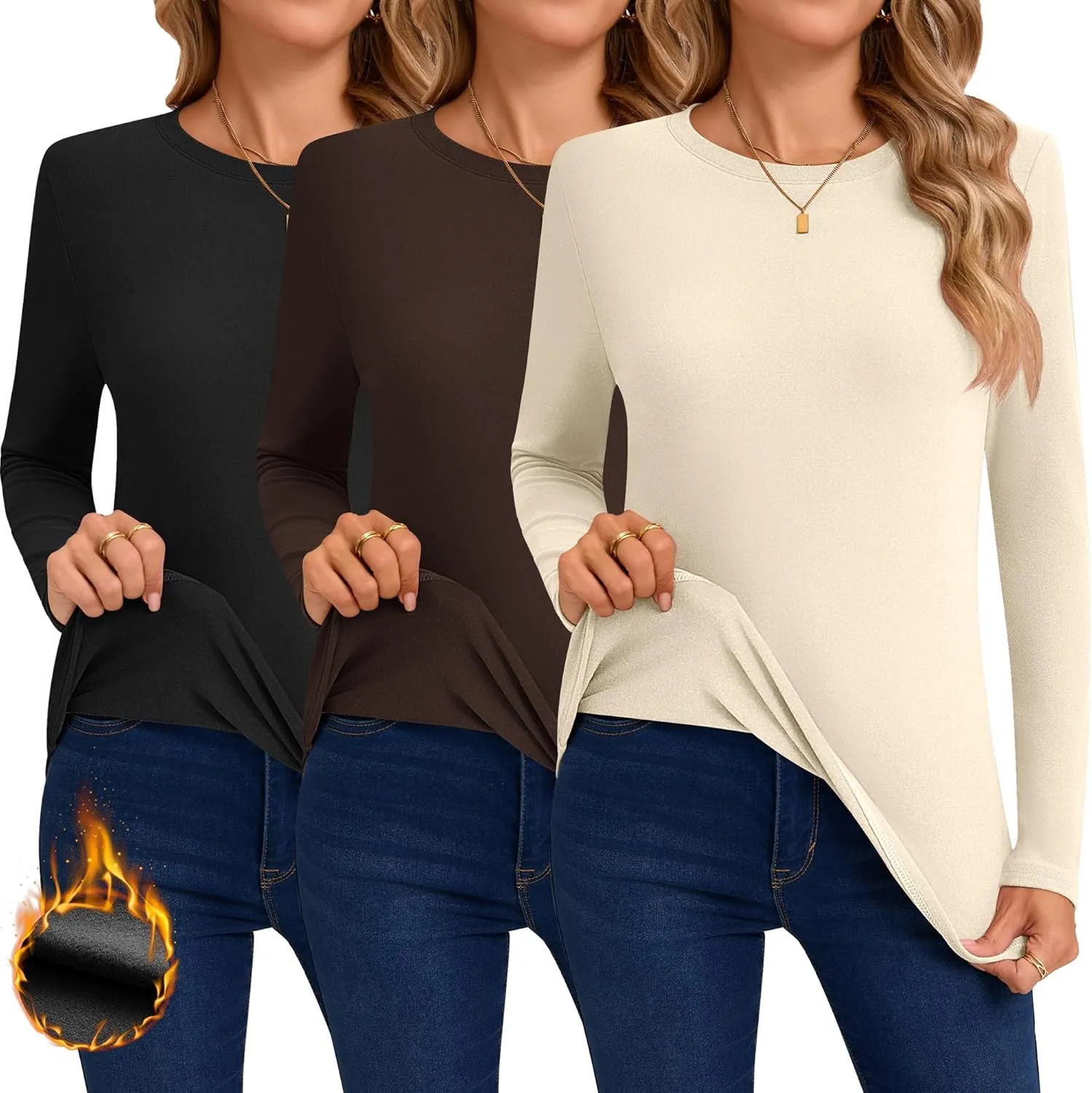 Huukeay 3 Pack Women's Thermal Shirts Long Sleeve De Velvet Lined Underwear Tops Crew Neck Slim Fit Basic Base Layer Tee