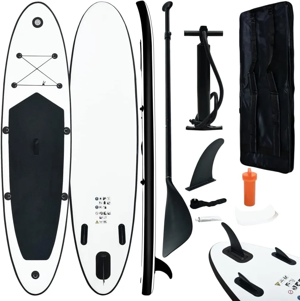 Inflatable Stand Up Paddleboard Water Sport Set for All Skill Levels Included with Surf Board, Aluminum Oar, Removable Fin, High Pressure Hand Pump... Black and White 141.7"x31.9"x3.9"