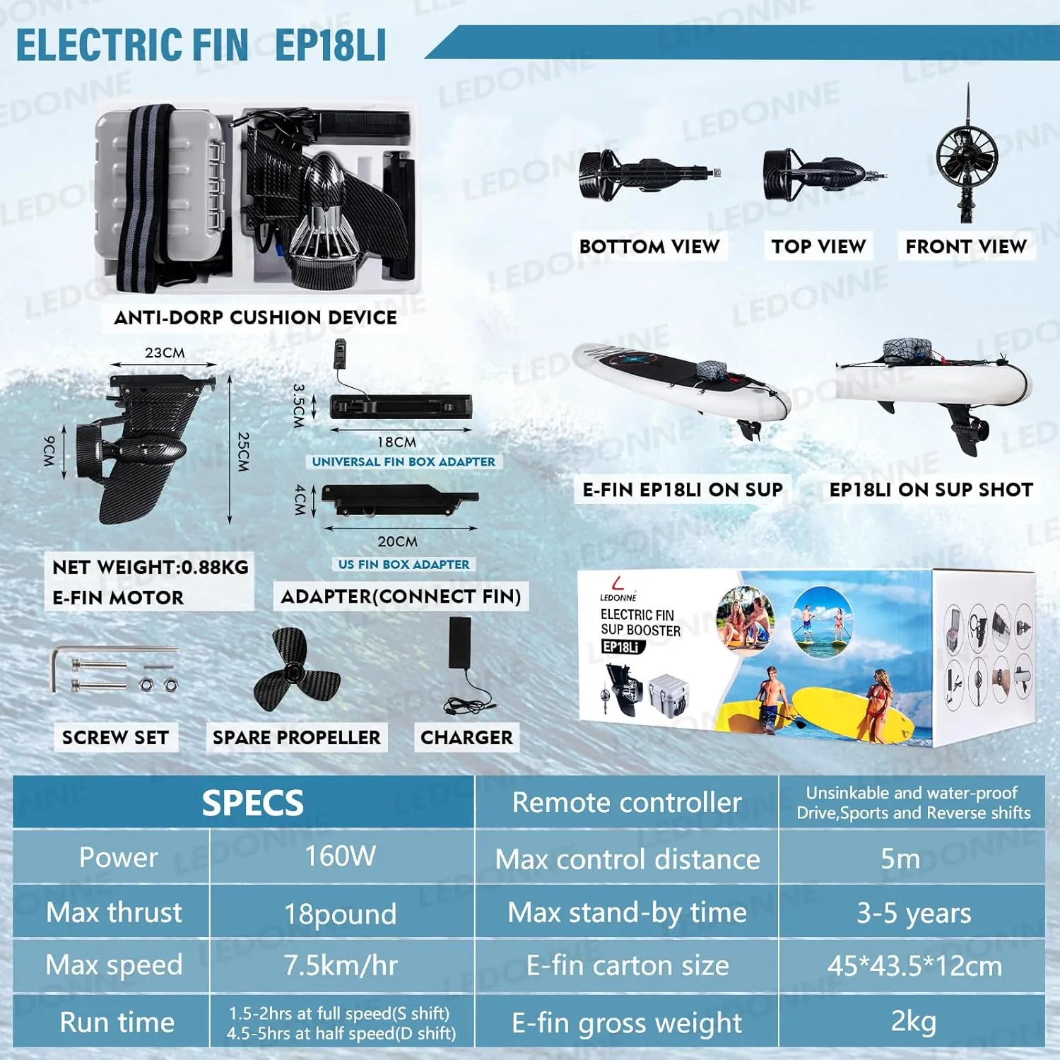 LEDONNE SUP Electric Fin Underwater Thruster Electric Surfboard Electric Surf Fin Electric Fin Thruster for Surfboard Electric SUP Fin Kit