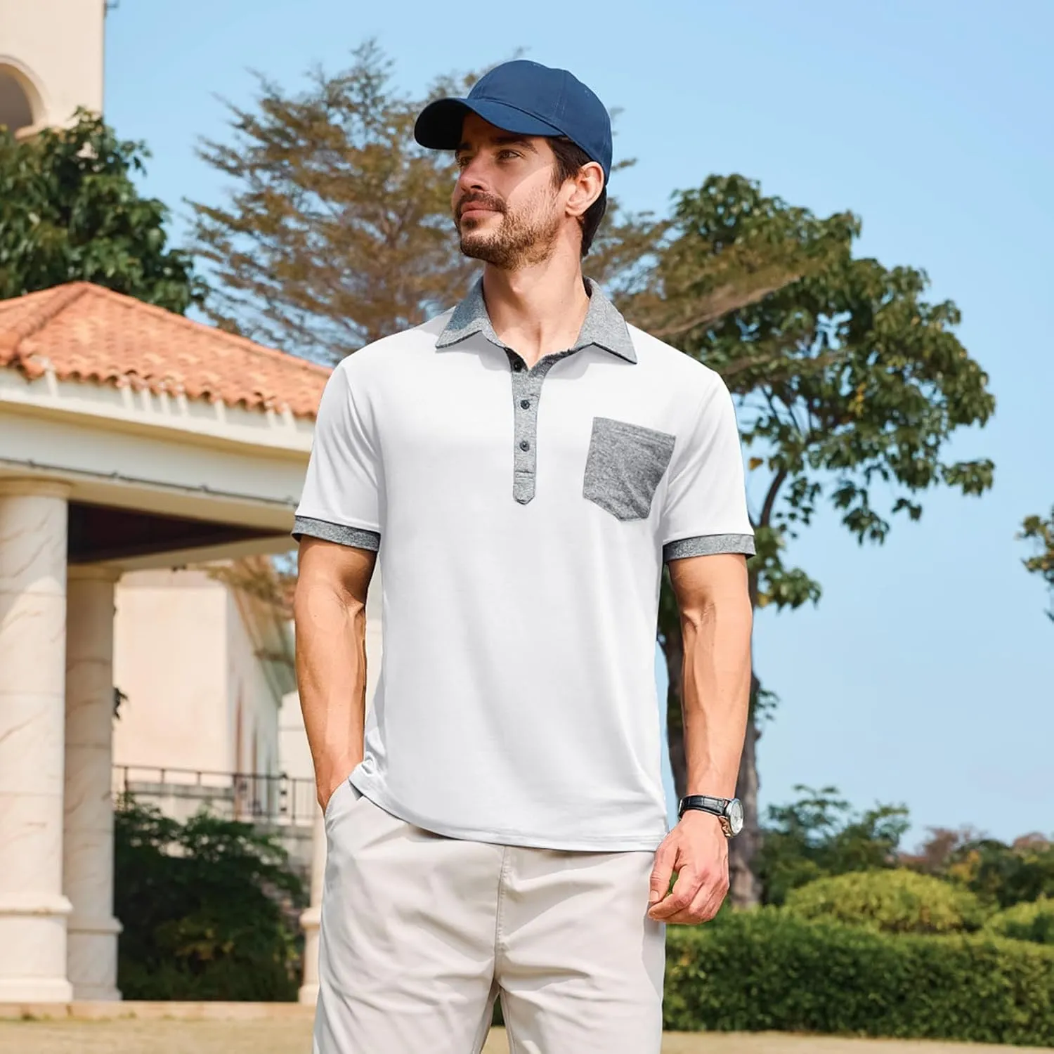 Lexiart Mens Polo Shirts Casual Short Sleeve with Pocket Golf Shirts Moisture Wicking Athletic Collared T-Shirt