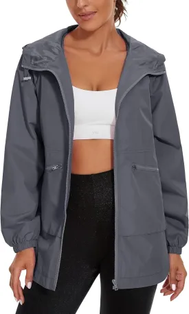 PESION Womens Waterproof Raincoat Lightweight Rain Jacket Trench Coat Hooded Windbreaker With Pockets for Outdoor