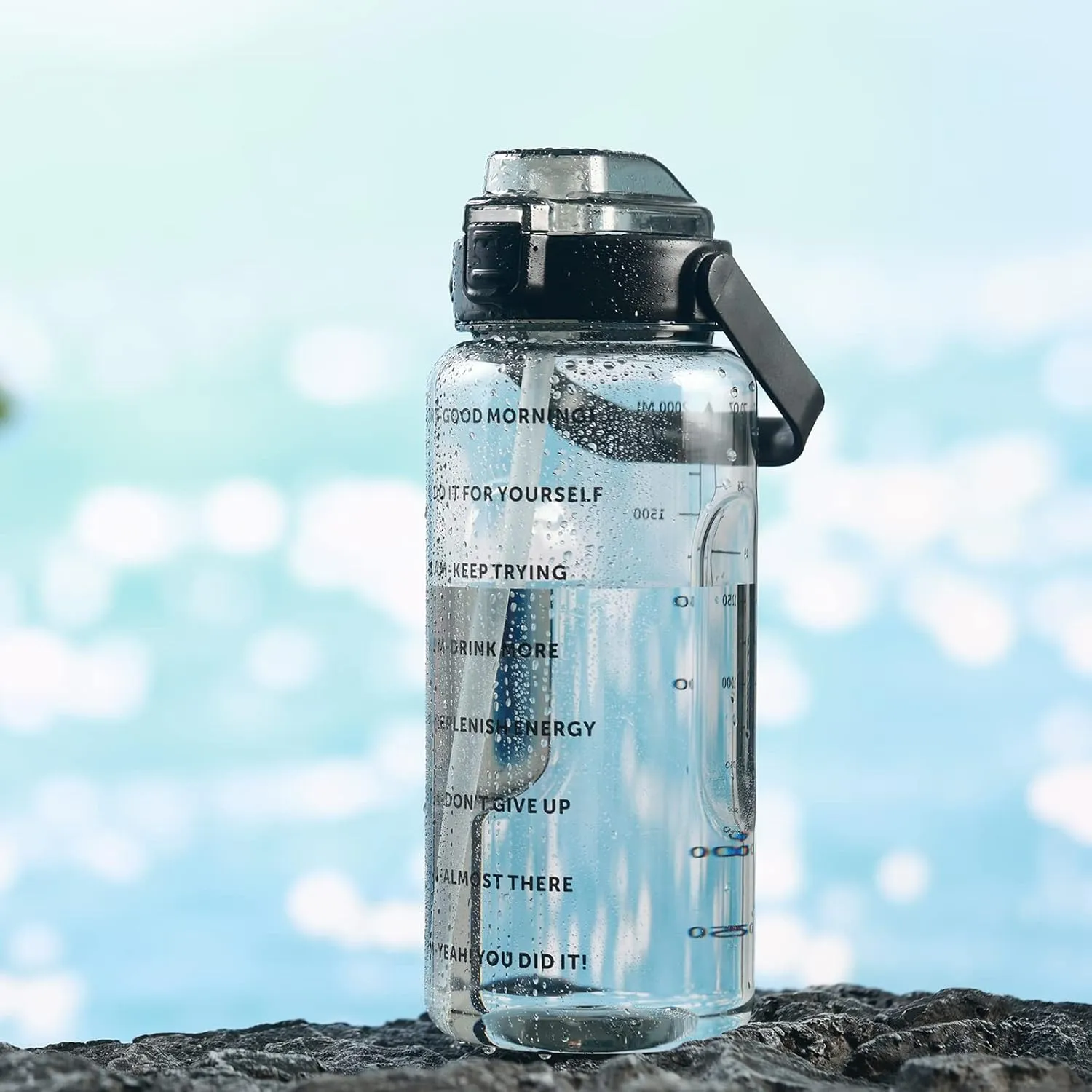 RYI Half Gallon Water Bottle with Sleeve & Strap 64 OZ Motivational Water Bottles with Straw Large Wide Mouth Water Jug with Time Marker for Fitness, Gym and Outdoor Sports, Leak-proof & BPA Free