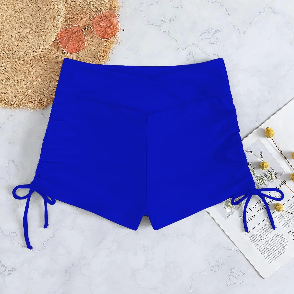 SherryDC Women High Waisted Swim Shorts V Cut Bikini Swimsuit Bottoms Drawstring Ruched Bathing Suit Board Shorts