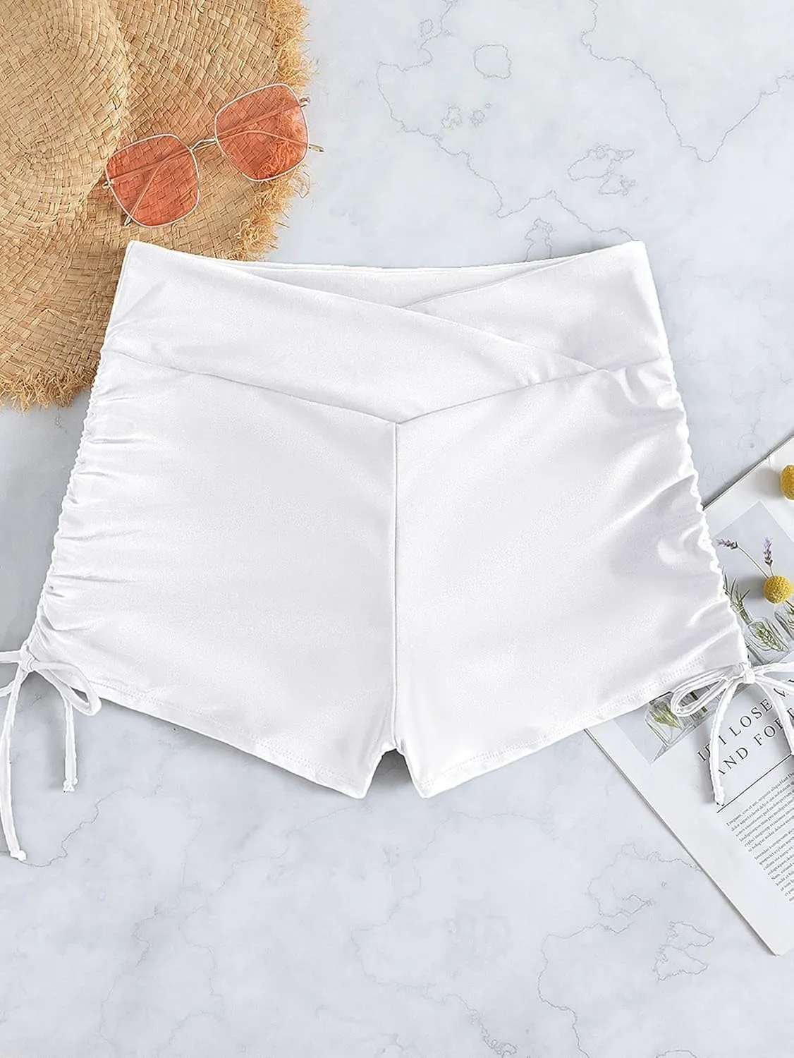 SherryDC Women High Waisted Swim Shorts V Cut Bikini Swimsuit Bottoms Drawstring Ruched Bathing Suit Board Shorts