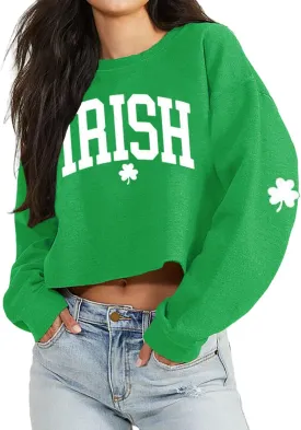St Patrick's Day Crop Tops for Women Irish Shamrock Graphic Shirt Funny Lucky Clover Long Sleeve T-Shirt Tops