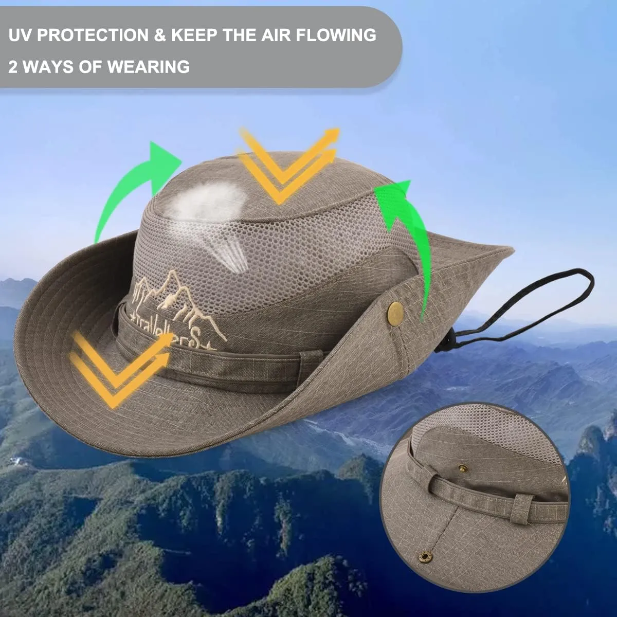 Sun Hat for Men, Cotton Embroidery Summer Outdoor Sun Protection Wide Brim Bucket Hat Foldable Safari Boonie Hat