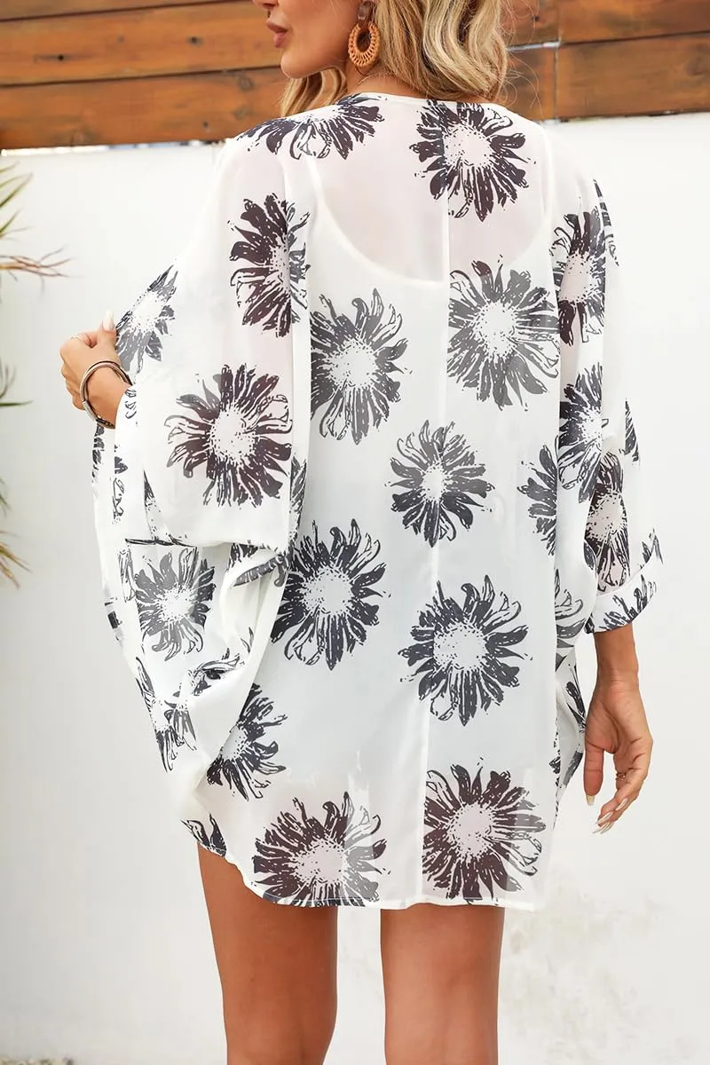 Tribear Women Chiffon Kimono Cardigan Floral Printed Bat Sleeve Casual Capes Beach Cover up