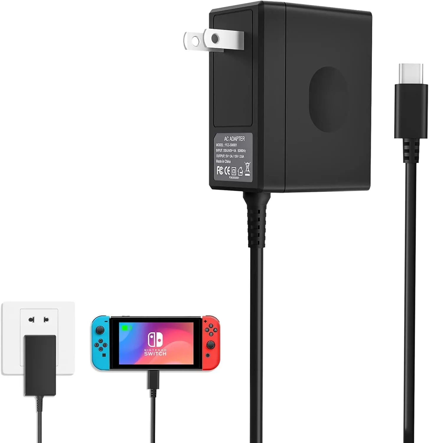 YCCSKY Charger for N-intendo S-Witch, 45W AC Adapter for N-intendo S-Witch - Fast Travel Wall Charger with 10FT USB C Cable 15V/3A Power Supply Supports TV Mode and Dock Station